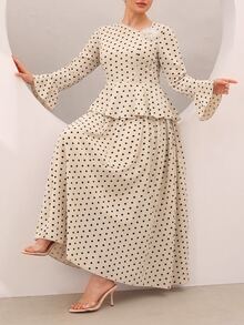 Graceveil Polka Dot Print Ruffle Hem Bell Sleeve Cinched Waist Top & Full Skirt Plus Size Women's Set - Apricot - View 5