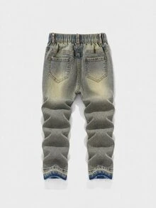 SHEIN Celana Denim Longgar Model Tumpukan dengan Desain Sobek di Ujung Bawah dan Lipatan, Gaya Jalanan Keren untuk Anak Laki-Laki, Cocok untuk Pemakaian Sehari-hari dan Gaya Jalanan Anak Laki-Laki - Medium Wash - View 2