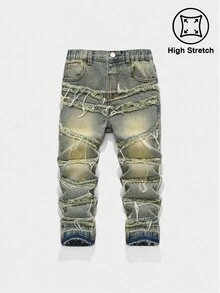 SHEIN Celana Denim Longgar Model Tumpukan dengan Desain Sobek di Ujung Bawah dan Lipatan, Gaya Jalanan Keren untuk Anak Laki-Laki, Cocok untuk Pemakaian Sehari-hari dan Gaya Jalanan Anak Laki-Laki - Medium Wash - View 1