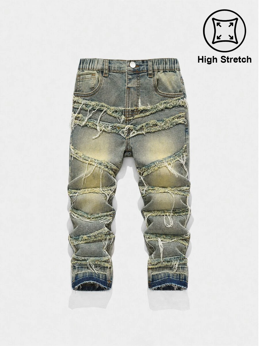 SHEIN Celana Denim Longgar Model Tumpukan dengan Desain Sobek di Ujung Bawah dan Lipatan, Gaya Jalanan Keren untuk Anak Laki-Laki, Cocok untuk Pemakaian Sehari-hari dan Gaya Jalanan Anak Laki-Laki - Medium Wash - View 1