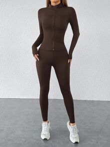 SHEIN PETITE Setelan Olahraga Dua Potong Warna Hitam: Jaket Resleting & Legging, untuk Wanita Bertubuh Mungil - Coffee Brown - View 3