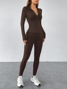 SHEIN PETITE Setelan Olahraga Dua Potong Warna Hitam: Jaket Resleting & Legging, untuk Wanita Bertubuh Mungil - Coffee Brown - View 4