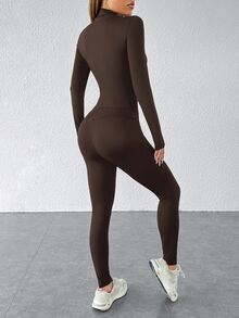 SHEIN PETITE Setelan Olahraga Dua Potong Warna Hitam: Jaket Resleting & Legging, untuk Wanita Bertubuh Mungil - Coffee Brown - View 2
