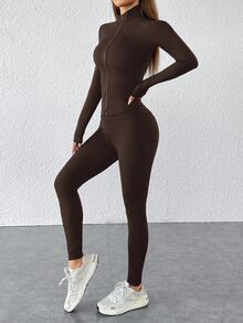 SHEIN PETITE Setelan Olahraga Dua Potong Warna Hitam: Jaket Resleting & Legging, untuk Wanita Bertubuh Mungil - Coffee Brown - View 7