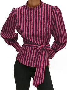 Nöista Fitted Top Dark Purple Stripe Wavy Commuting Tea Party Office Parties Fall Elegant French Smart Casual Business Casual Going Out Brunch - Hot Pink - View 2