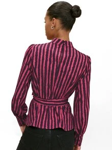 Nöista Fitted Top Dark Purple Stripe Wavy Commuting Tea Party Office Parties Fall Elegant French Smart Casual Business Casual Going Out Brunch - Hot Pink - View 6