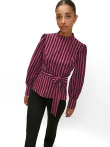 Nöista Fitted Top Dark Purple Stripe Wavy Commuting Tea Party Office Parties Fall Elegant French Smart Casual Business Casual Going Out Brunch - Hot Pink - View 5