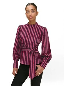 Nöista Fitted Top Dark Purple Stripe Wavy Commuting Tea Party Office Parties Fall Elegant French Smart Casual Business Casual Going Out Brunch - Hot Pink - View 3