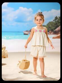 SHEIN Young Girl Floral Embroidered Strap Tank Top And Shorts 2-Piece Set - Apricot - View 6