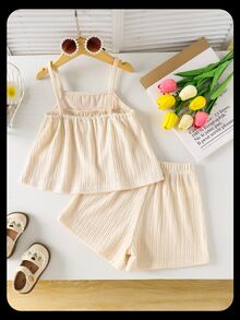 SHEIN Young Girl Floral Embroidered Strap Tank Top And Shorts 2-Piece Set - Apricot - View 4