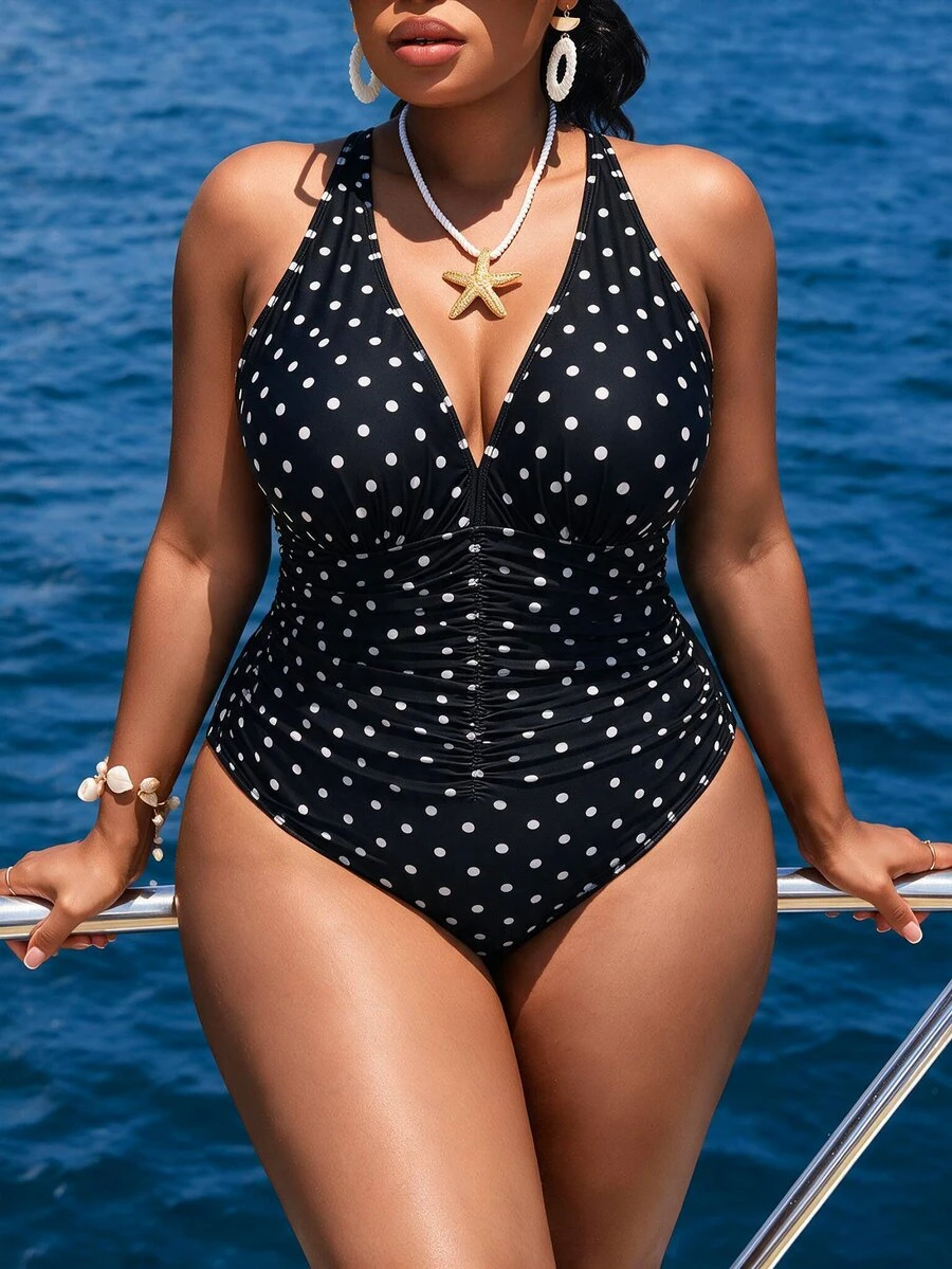 Slaydiva Plus Size One-Piece Swimsuit, Random Colorful Print, Minimalist Design, Suitable For Daily Wear, Bohemian Style, Summer Beach Outfit For Women