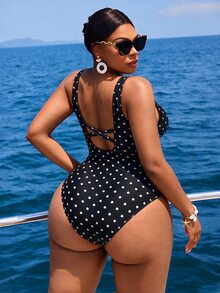 Slaydiva Plus Size One-Piece Swimsuit, Random Colorful Print, Minimalist Design, Suitable For Daily Wear, Bohemian Style, Summer Beach Outfit For Women - Black - View 3