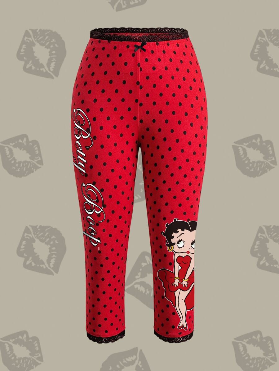 Betty Boop x SHEIN 女款波點印花腰部對比蕾絲緊身褲 - 紅色 - 查看 1
