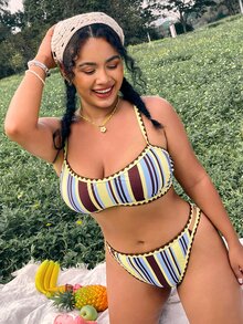 Swim Mod 2026 Spring/Summer Plus Size Swimwear Set, Striped & Floral Print Stylish Swimwear For Women - Multicolor - View 4