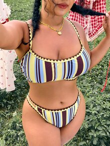 Swim Mod 2026 Spring/Summer Plus Size Swimwear Set, Striped & Floral Print Stylish Swimwear For Women - Multicolor - View 5