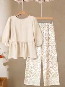 Linhara Women's Plus Size Solid Color Bow Front Doll Top Floral Print Wide Leg Pants Casual Boho Bohemian 2-Piece Set Autumn Vacation Beige White - Apricot - View 2