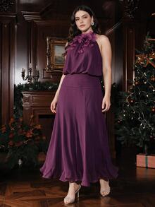 Anewsta Affair Anewsta Spring/Summer New Holiday Party Gathering Halter Neck Sleeveless Detachable Decor Floral Cinched Waist Patchwork Flared Ruffle Hem Romantic Plus Size Women Long Dress - Purple - View 3