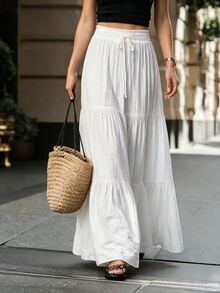 SHEIN Swim Basics 女款夏季雪紡分層罩裙，純色 - 白色 - 查看 6