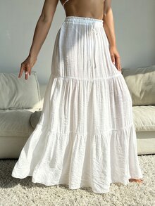 SHEIN Swim Basics 女款夏季雪紡分層罩裙，純色 - 白色 - 查看 1