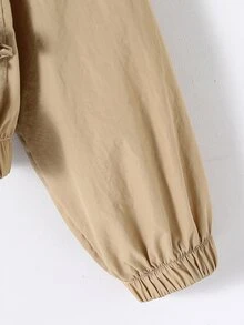SHEIN Tween Girl Fashion Pocket Zipper Long Sleeve Hooded Jacket - Khaki - View 8