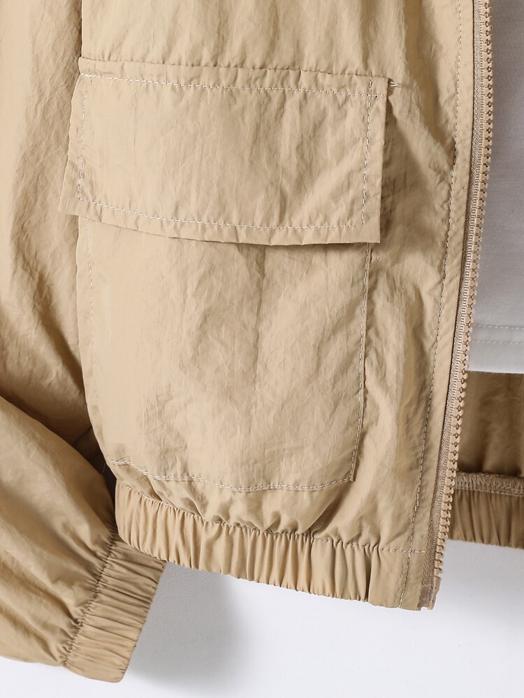 SHEIN Tween Girl Fashion Pocket Zipper Long Sleeve Hooded Jacket - Khaki - View 4