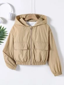 SHEIN Tween Girl Fashion Pocket Zipper Long Sleeve Hooded Jacket - Khaki - View 5