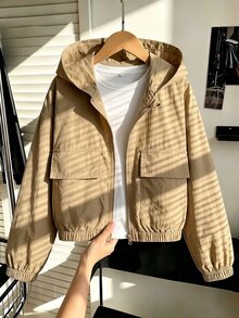 SHEIN Tween Girl Fashion Pocket Zipper Long Sleeve Hooded Jacket - Khaki - View 1