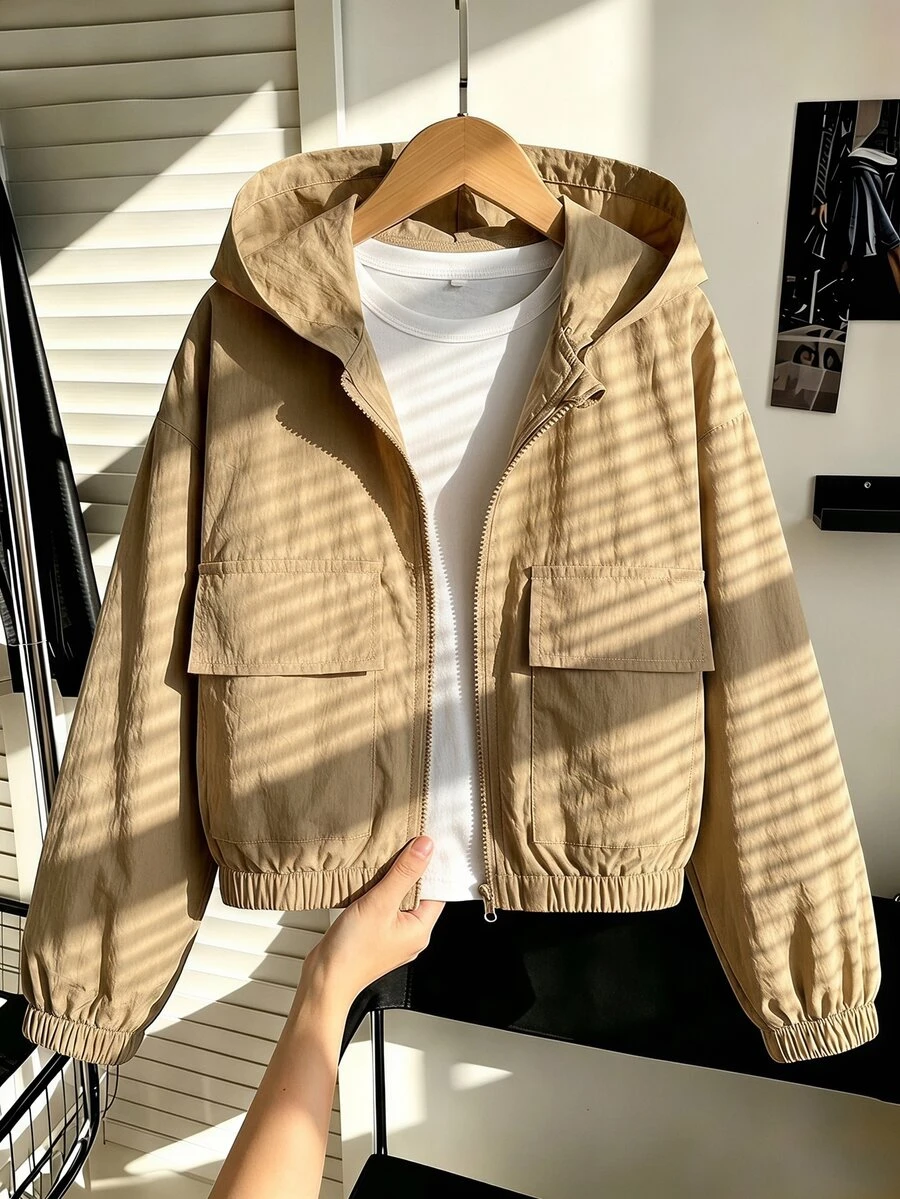 SHEIN Tween Girl Fashion Pocket Zipper Long Sleeve Hooded Jacket - Khaki - View 1