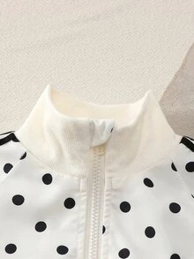 SHEIN Genkimix Kids 女童秋冬長袖套裝，米色底色搭配全黑波點印花，翻領設計＋全開襟拉鍊方便穿脫，黑白波點復古俏皮風，黑色對比滾邊增添酷感，套裝穿著方便，也可單獨搭配其他衣物，適合春秋、秋冬日常穿著、外出與玩耍 - 白色 - 查看 5