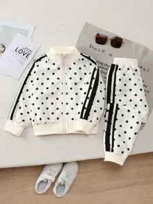 SHEIN Genkimix Kids 女童秋冬長袖套裝，米色底色搭配全黑波點印花，翻領設計＋全開襟拉鍊方便穿脫，黑白波點復古俏皮風，黑色對比滾邊增添酷感，套裝穿著方便，也可單獨搭配其他衣物，適合春秋、秋冬日常穿著、外出與玩耍 - 白色 - 查看 4