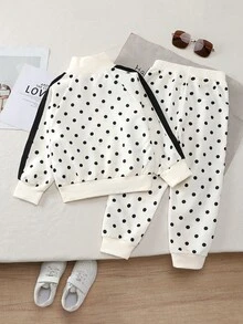 SHEIN Genkimix Kids 女童秋冬長袖套裝，米色底色搭配全黑波點印花，翻領設計＋全開襟拉鍊方便穿脫，黑白波點復古俏皮風，黑色對比滾邊增添酷感，套裝穿著方便，也可單獨搭配其他衣物，適合春秋、秋冬日常穿著、外出與玩耍 - 白色 - 查看 2