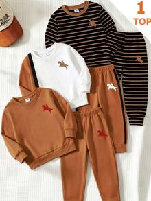 Young Boys Crew Neck Sweatshirt Minimalist White Brown Patchwork Horse Print Long Sleeve Fleece Back To School Autumn Nice Basic 1pcs Top - Multicolor - View 1