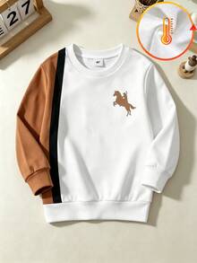 Young Boys Crew Neck Sweatshirt Minimalist White Brown Patchwork Horse Print Long Sleeve Fleece Back To School Autumn Nice Basic 1pcs Top - Multicolor - View 3