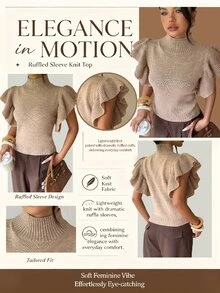 SHEIN Sweater Dalaman Wanita Gaya Vintage Prancis Musim Gugur/Dingin, Tanpa Lengan, Leher Tinggi, Rajut, Lengan Bergelombang 3D - Khaki - View 4