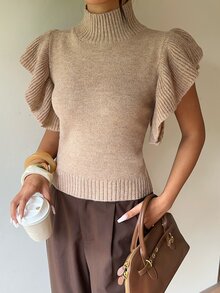 SHEIN Sweater Dalaman Wanita Gaya Vintage Prancis Musim Gugur/Dingin, Tanpa Lengan, Leher Tinggi, Rajut, Lengan Bergelombang 3D - Khaki - View 6