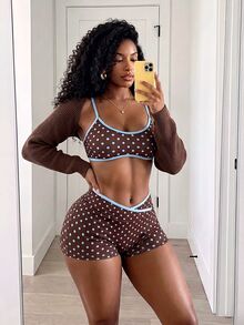 Zolique Women's Spring/Summer Polka Dot Print Color Block Camisole Top And Criss-Cross Waist Shorts Sports Set - Multicolor - View 3