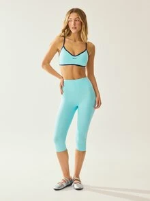 Aralina Leisurewear Active Women's 2pcs Contrast Bind Crop Top With Capri Yoga Pilates Gym Workout Two Pieces Set - Baby Blue - View 3