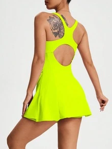 CourtClass CourtClass Women Fluorescent Green Backless Hollow-Out Sports Dress - Green - View 3