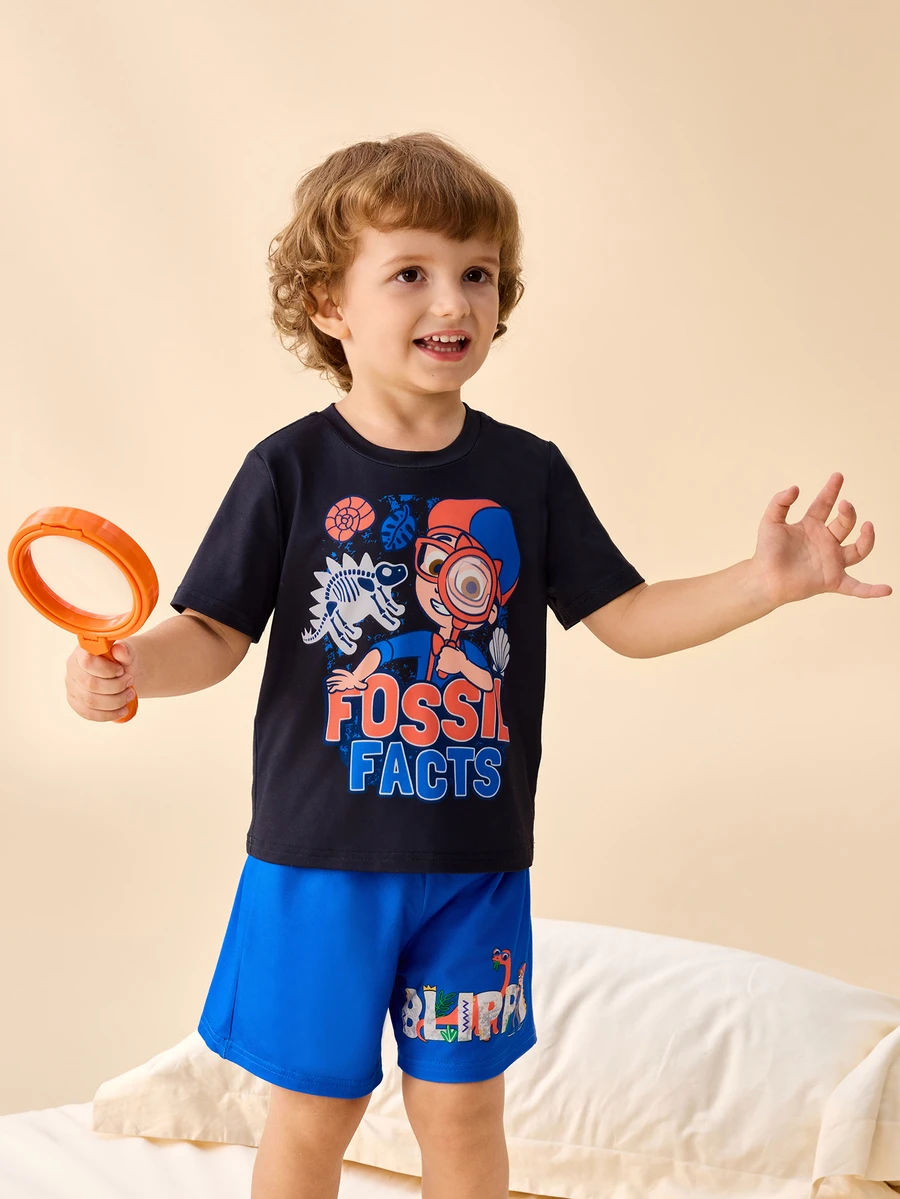 Blippi X SHEIN 小男孩圓領卡通角色印花T恤與短褲居家休閒套裝 - 黑色 - 查看 1