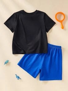 Blippi X SHEIN 小男孩圓領卡通角色印花T恤與短褲居家休閒套裝 - 黑色 - 查看 2
