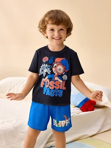 Blippi X SHEIN 小男孩圓領卡通角色印花T恤與短褲居家休閒套裝 - 黑色 - 查看 4