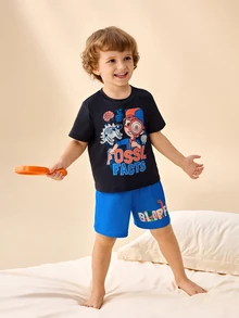 Blippi X SHEIN 小男孩圓領卡通角色印花T恤與短褲居家休閒套裝 - 黑色 - 查看 6