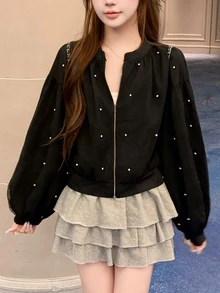 FRIFUL Jaket Wanita Musim Gugur Warna Polos Kontras Jala dengan Dekorasi Manik-manik dan Resleting Logam - Hitam - View 7