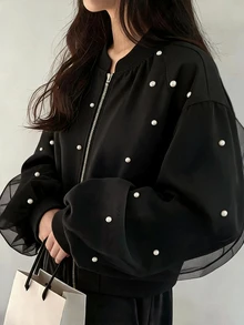 FRIFUL Jaket Wanita Musim Gugur Warna Polos Kontras Jala dengan Dekorasi Manik-manik dan Resleting Logam - Hitam - View 1