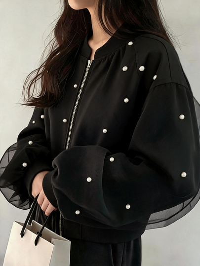 FRIFUL Women's Autumn Solid Color Contrast Mesh Beaded Decor Metal Zipper Jacket