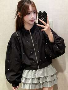 FRIFUL Jaket Wanita Musim Gugur Warna Polos Kontras Jala dengan Dekorasi Manik-manik dan Resleting Logam - Hitam - View 6