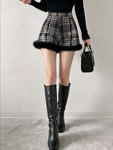 FRIFUL Women's Autumn Plaid Patchwork Striped Shorts - Black - View 1