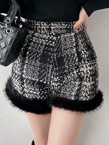 FRIFUL Women's Autumn Plaid Patchwork Striped Shorts - Black - View 8
