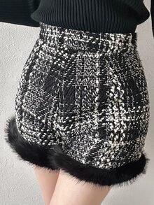 FRIFUL Women's Autumn Plaid Patchwork Striped Shorts - Black - View 7
