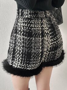 FRIFUL Women's Autumn Plaid Patchwork Striped Shorts - Black - View 2